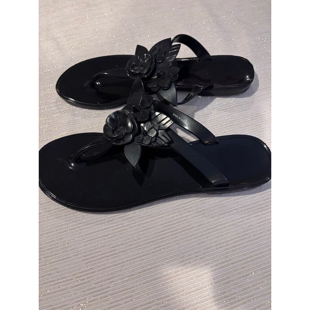 Ladies Size 8 Biker Black Shiny Sandals Flip Flops Black Roses Sandals 2000s!!
